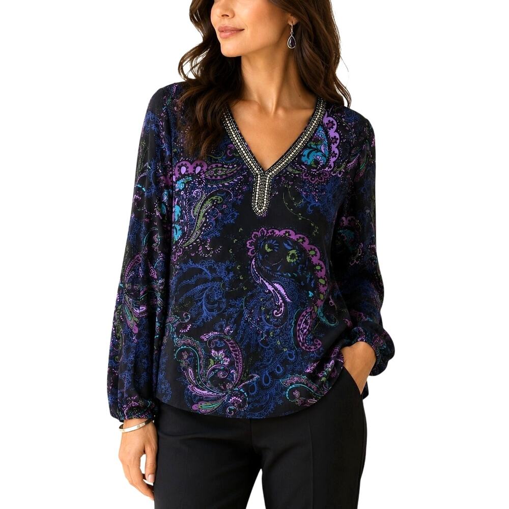 Susan Graver Purple Paisley Liquid Knit Top M Long Sleeve Beaded Career Casual